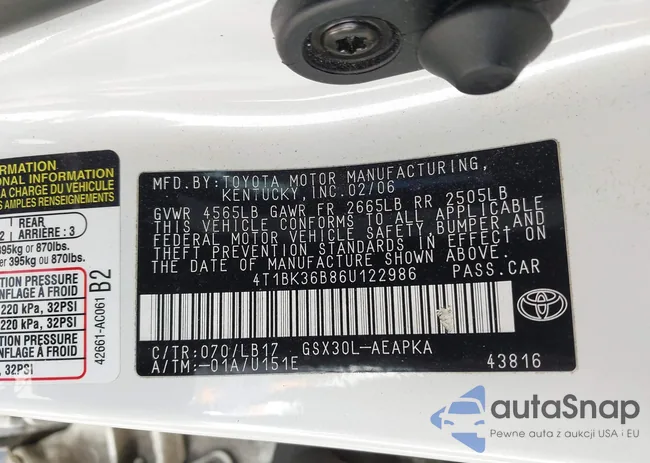 4T1BK36B86U122986: 41705634