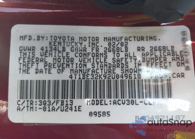 4T1BE32K92U049618: 41727106