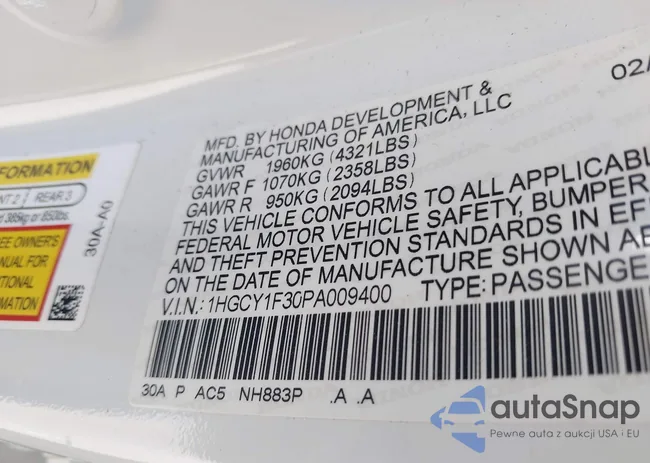 1HGCY1F30PA009400: 41730644