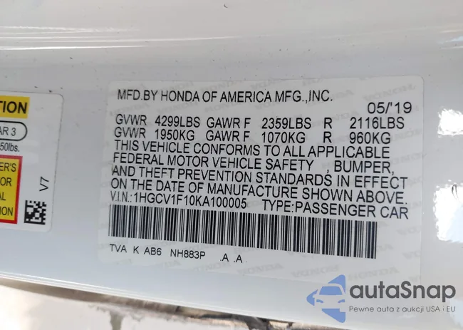 1HGCV1F10KA100005: 41731469