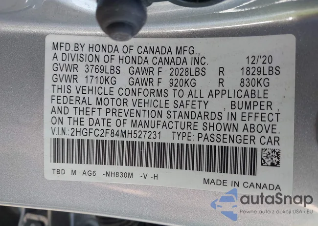 2HGFC2F84MH527231: 41772547