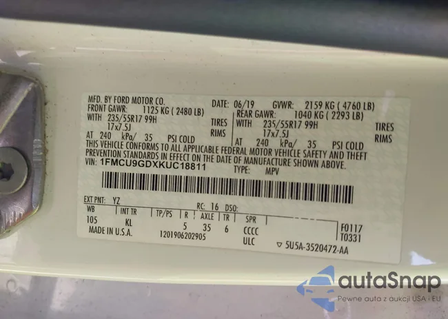 1FMCU9GDXKUC18811: 41777672