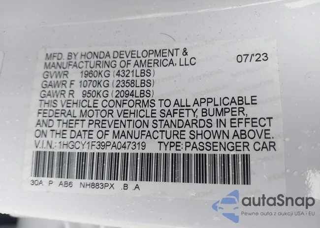 1HGCY1F39PA047319: 41803188