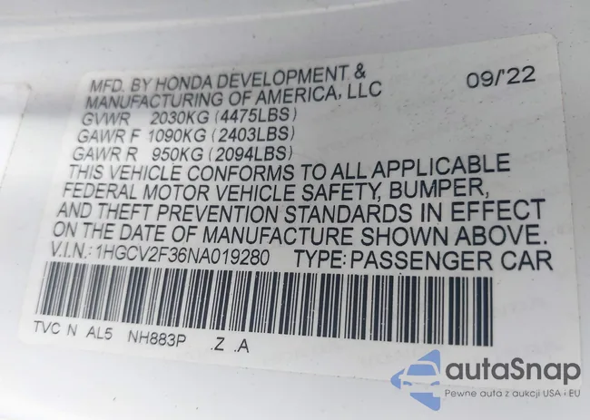 1HGCV2F36NA019280: 41810438