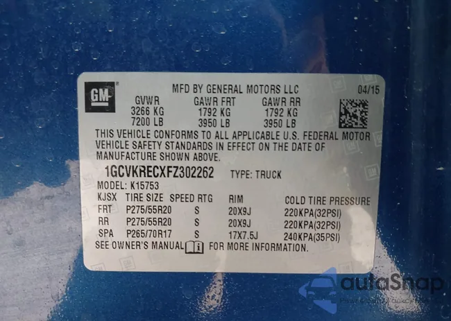 1GCVKRECXFZ302262: 41811025