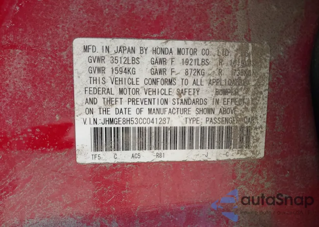 JHMGE8H53CC041237: 41861242