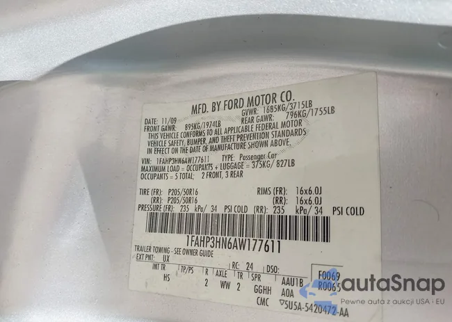 1FAHP3HN6AW177611: 41886341