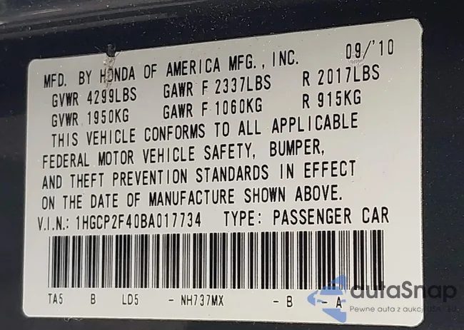 1HGCP2F40BA017734: 41892636