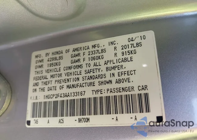 1HGCP2F43AA133167: 41901349