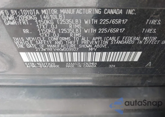 2T3W1RFV4KW009927: 41904194