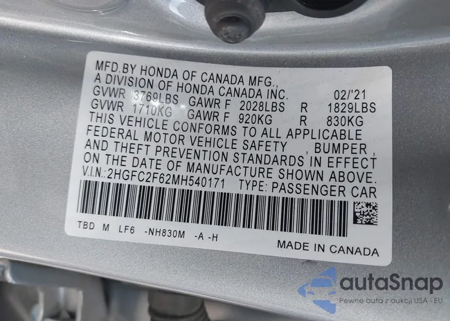 2HGFC2F62MH540171: 41905748