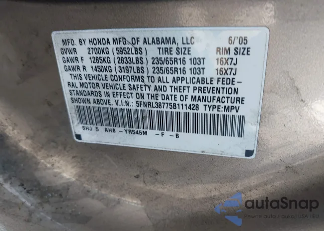 5FNRL38775B111428: 42907991