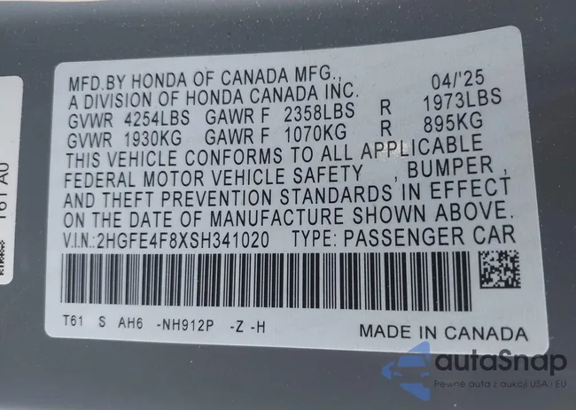 2HGFE4F8XSH341020: 42908452