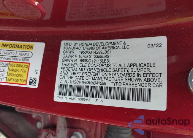 1HGCV1F53NA041569: 42912000