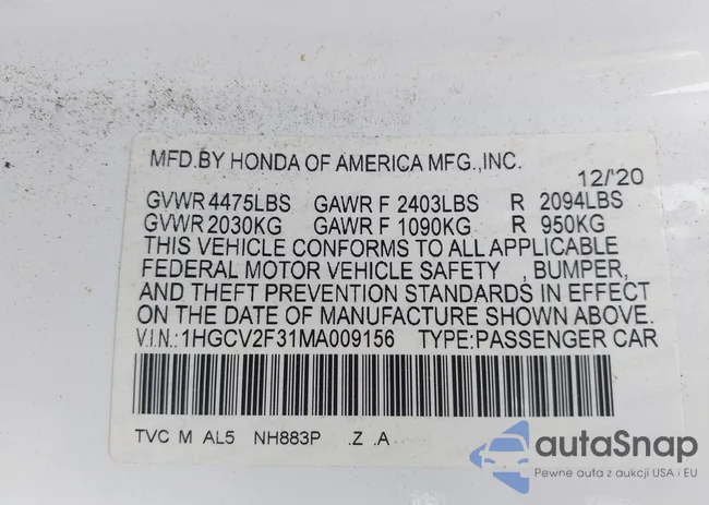 1HGCV2F31MA009156: 42913792