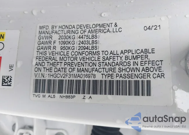 1HGCV2F31MA016978: 42913423