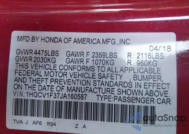 1HGCV1F37JA160587: 42915697