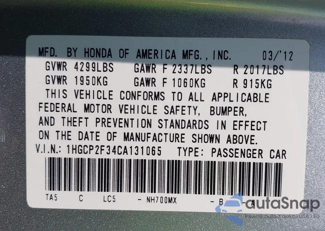 1HGCP2F34CA131065: 42916456