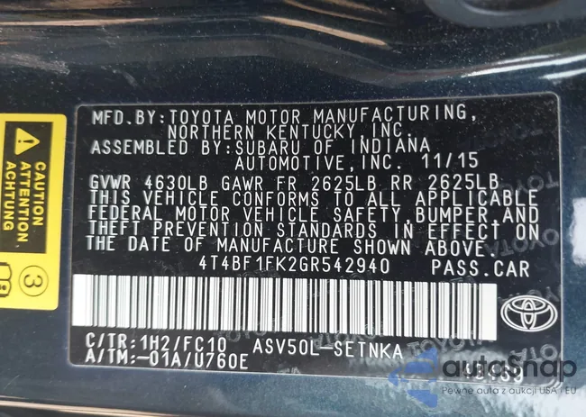 4T4BF1FK2GR542940: 42920223