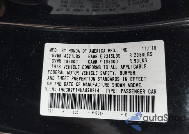 1HGCR2F14HA098214: 42921405