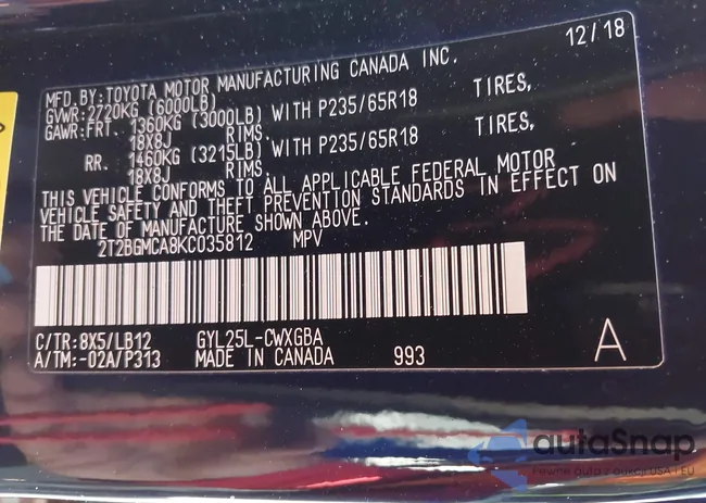 2T2BGMCA8KC035812: 42922409