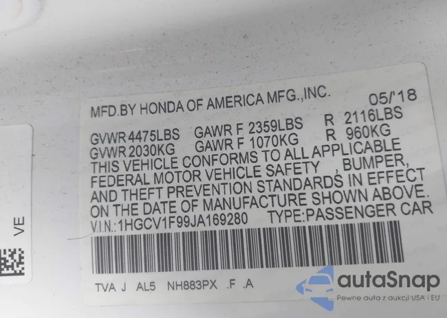 1HGCV1F99JA169280: 42925946