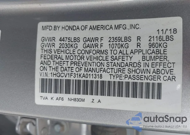 1HGCV1F31KA011318: 42928012