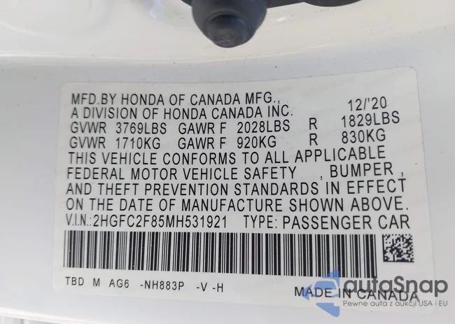 2HGFC2F85MH531921: 42927488