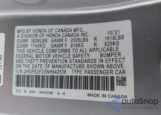 2HGFE2F23NH542536: 42928282