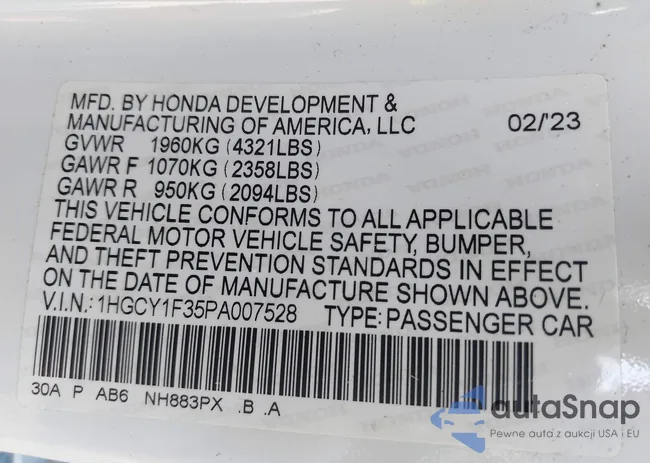 1HGCY1F35PA007528: 42930654