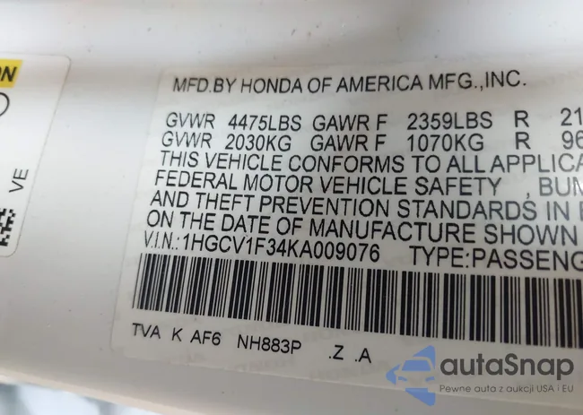 1HGCV1F34KA009076: 42931334