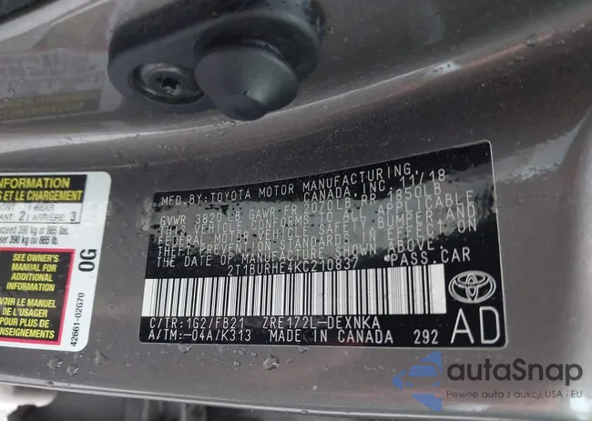 2T1BURHE4KC210837: 42932572