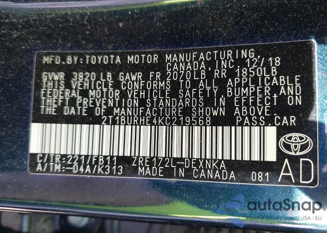 2T1BURHE4KC219568: 42935753