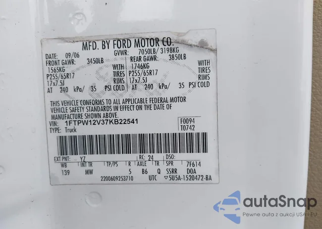 1FTPW12V37KB22541: 42936362