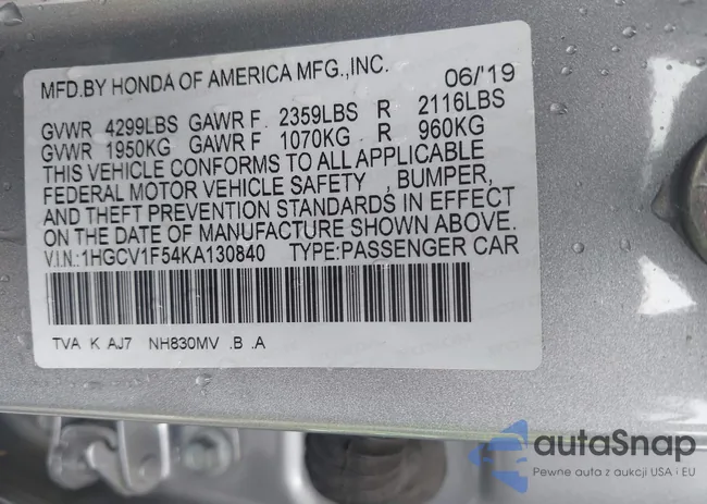 1HGCV1F54KA130840: 42938203