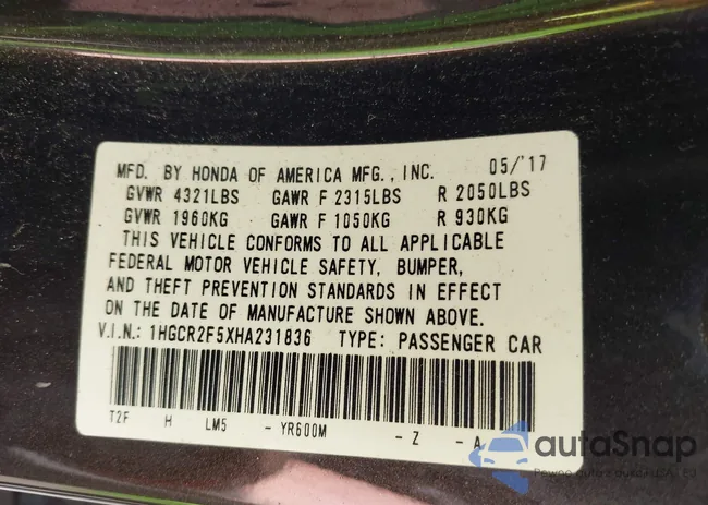 1HGCR2F5XHA231836: 42940739