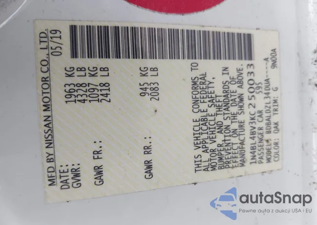 1N4BL4BV3KC250033: 42946755