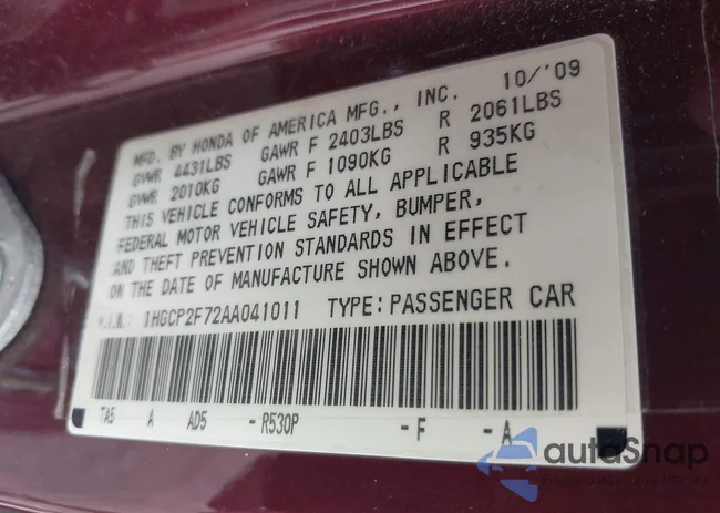 1HGCP2F72AA041011: 42947313