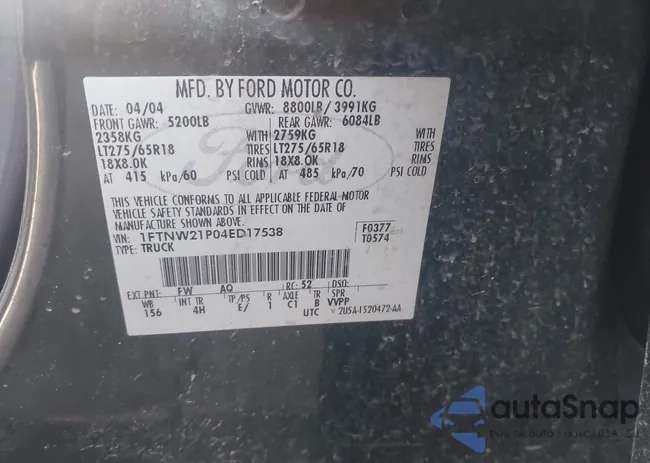 1FTNW21P04ED17538: 42956417