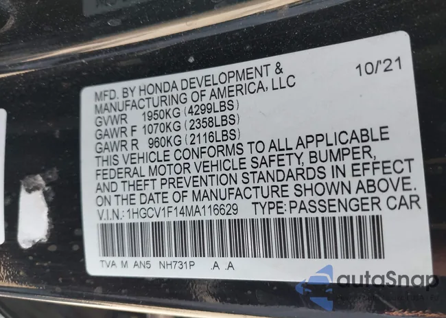 1HGCV1F14MA116629: 42959909