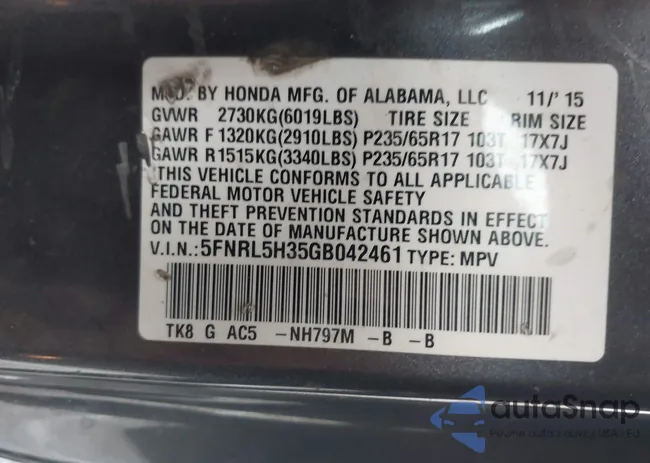 5FNRL5H35GB042461: 42960904