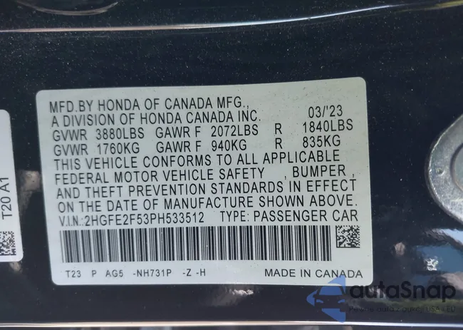 2HGFE2F53PH533512: 42960167