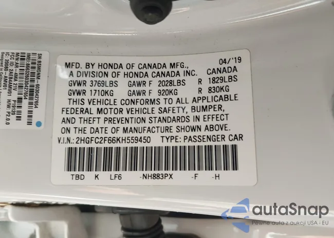 2HGFC2F66KH559450: 42962080