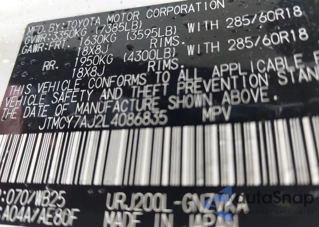 JTMCY7AJ2L4086835: 42963900