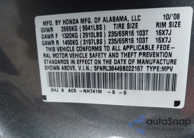 5FNRL38449B022167: 42965410