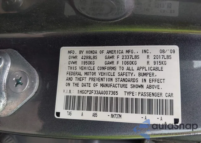 1HGCP2F33AA007365: 42967222