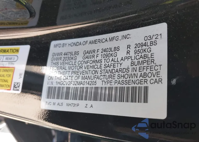 1HGCV2F32MA014205: 42972239