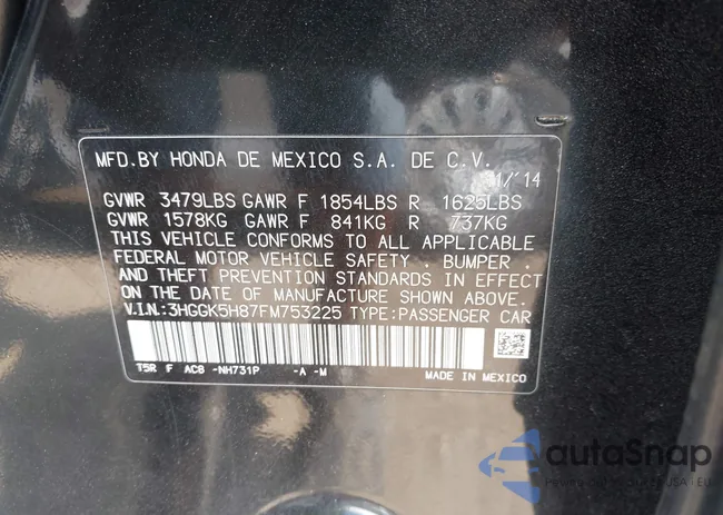 3HGGK5H87FM753225: 42984736