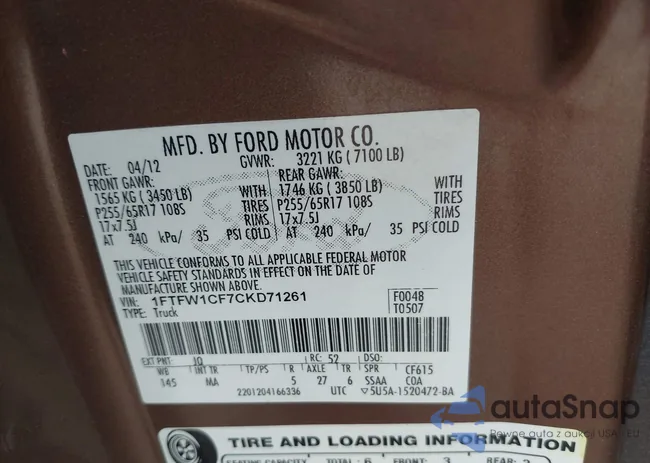 1FTFW1CF7CKD71261: 42985436