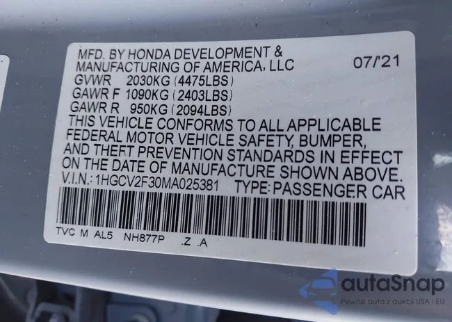 1HGCV2F30MA025381: 42985582